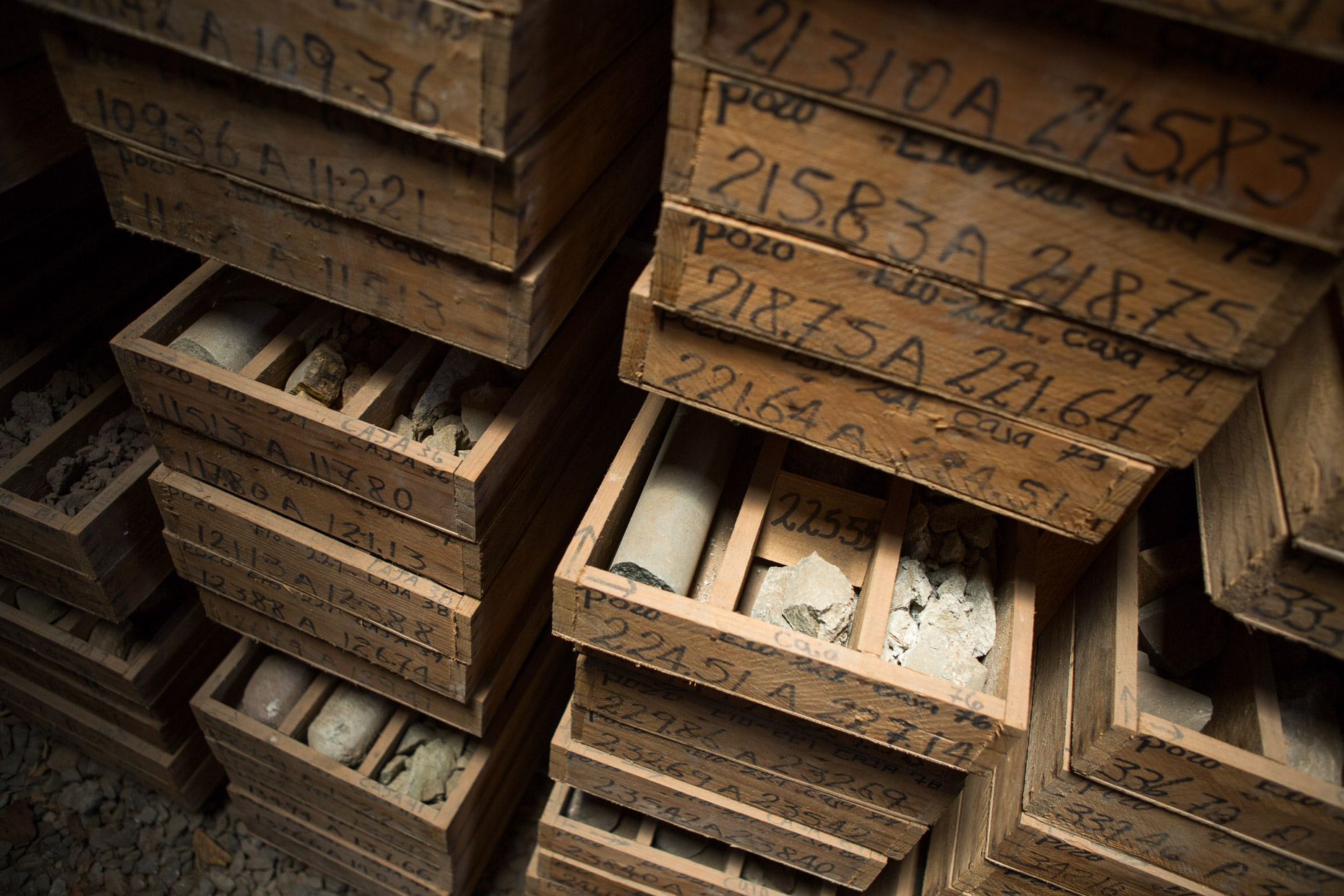Boxes of core samples from mining exploration.